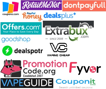Logo collage of coupon and deals platforms used in AtmosRx campaigns, including RetailMeNot, Honey, and Offers.com