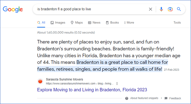 Google featured snippet for 'is Bradenton FL a good place to live' won by the Sunshine Movers blog