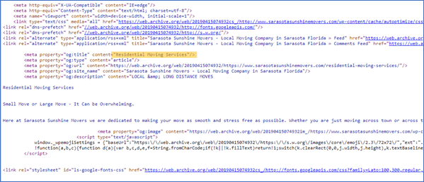 Source code of the old Sunshine Movers page showing the unoptimized 'Residential Moving Services' title